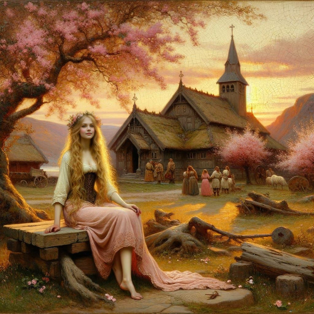 Norse Goddess in Romantic Sunrise Village Scene