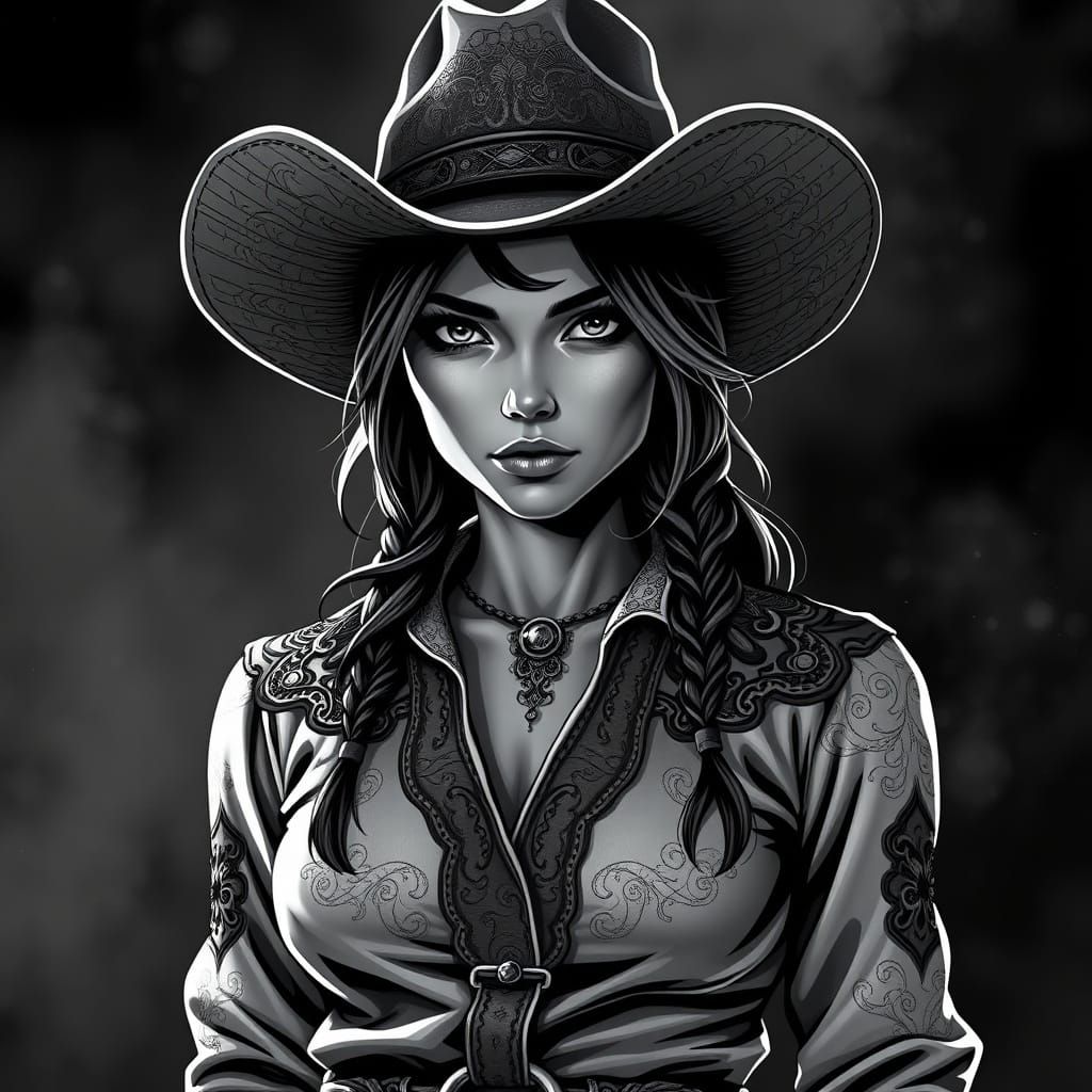 Mysterious Cowgirl in Dark Fantasy Noir