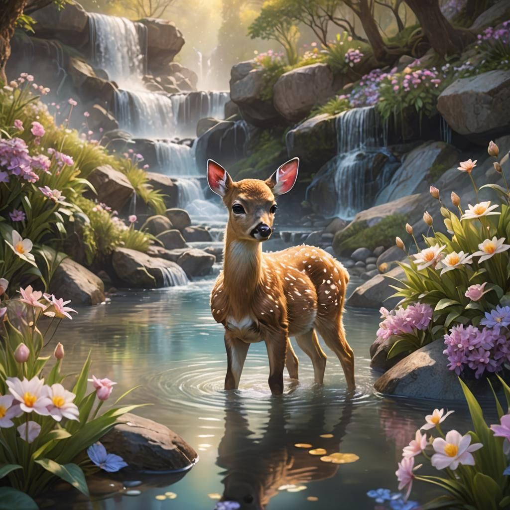 Dreamy Baby Deer in Pastel Watercolor Landscape