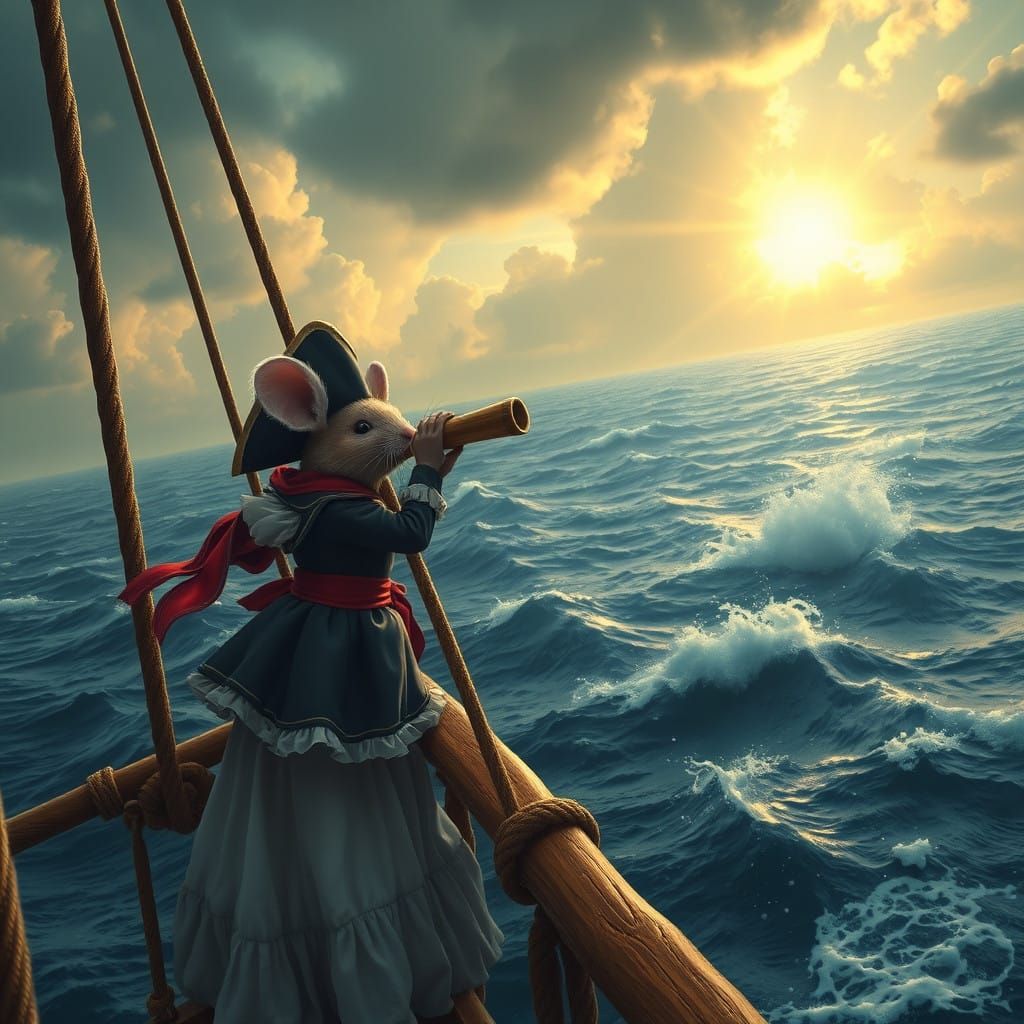 A female mouse dressed as a pirate is attached to the mast of a pirate galleon and observes the horizon with a telescope...