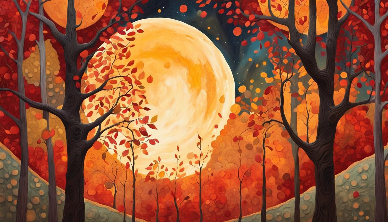 Golden Moonlit Autumn Landscape in Folk-Art Style