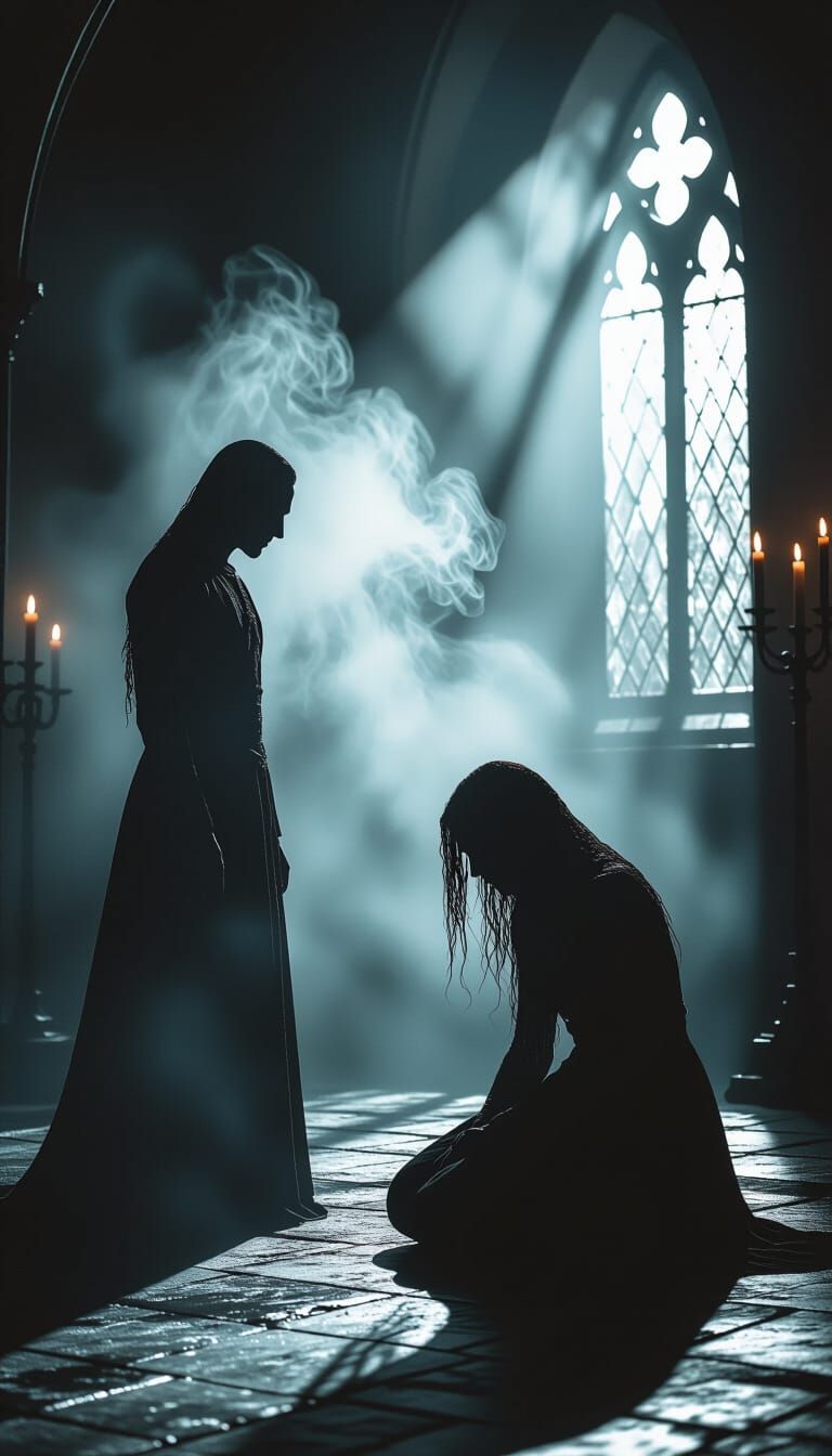Gothic Figures in Shadowy Room, Cinematic Horror Aesthetic