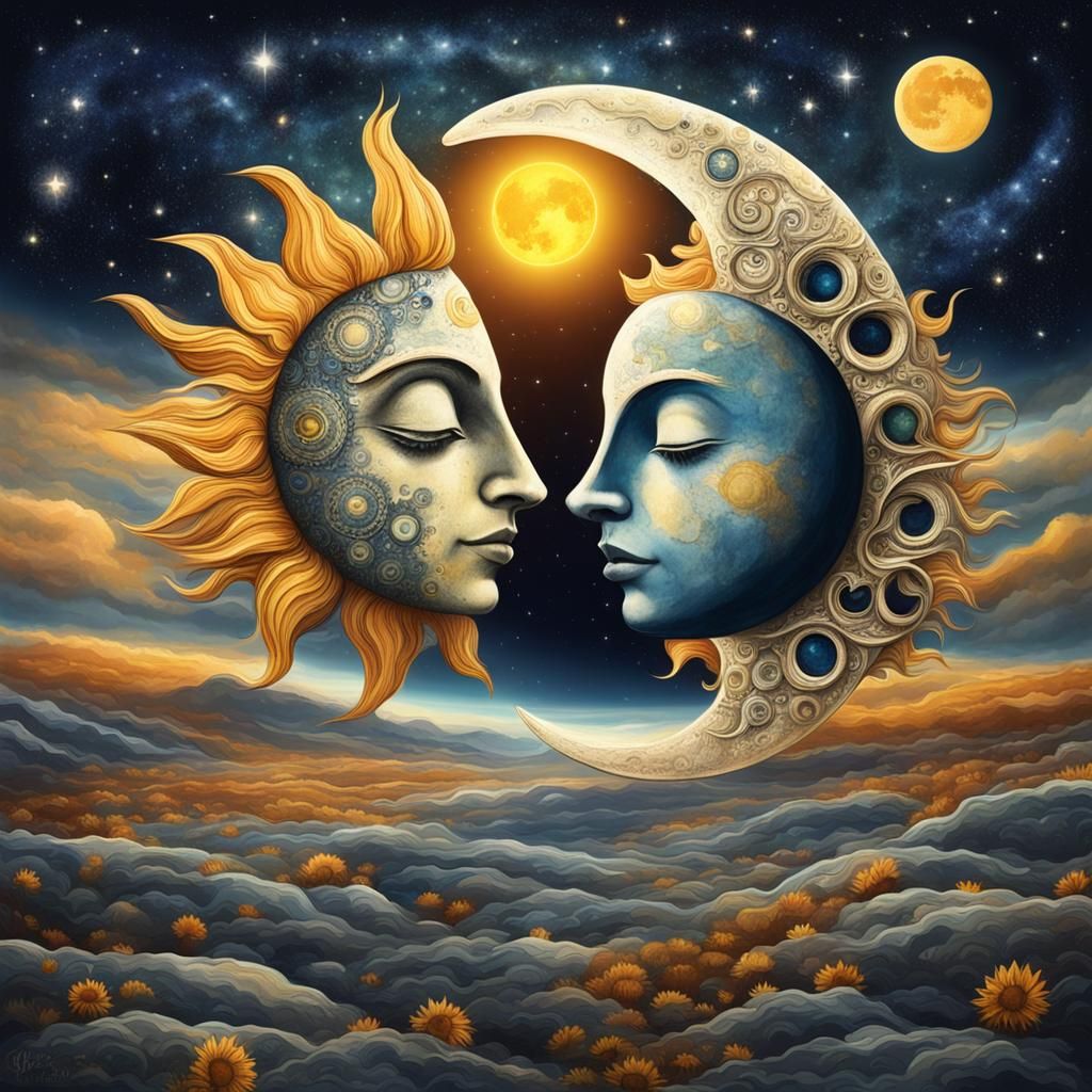 Celestial Love: Surreal Moon and Sun Embrace