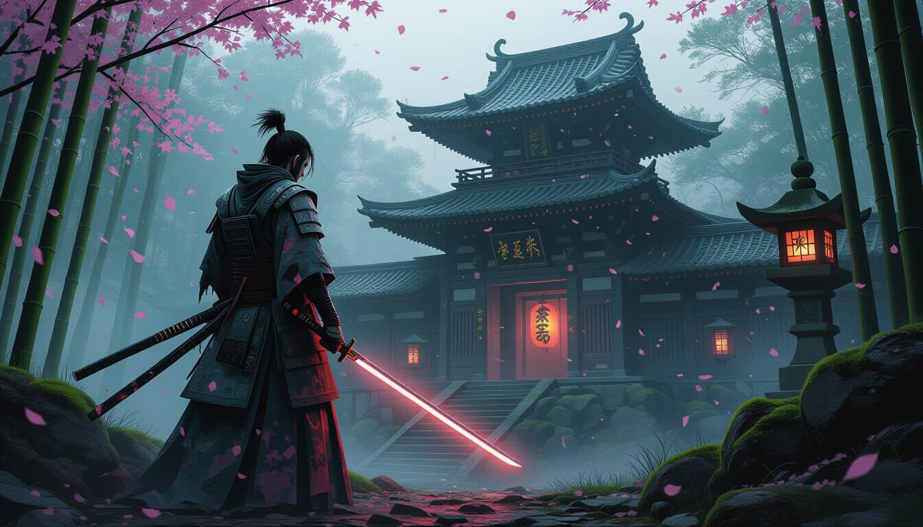 Spectral Samurai Guarding Haunted Temple in Bamboo Forest