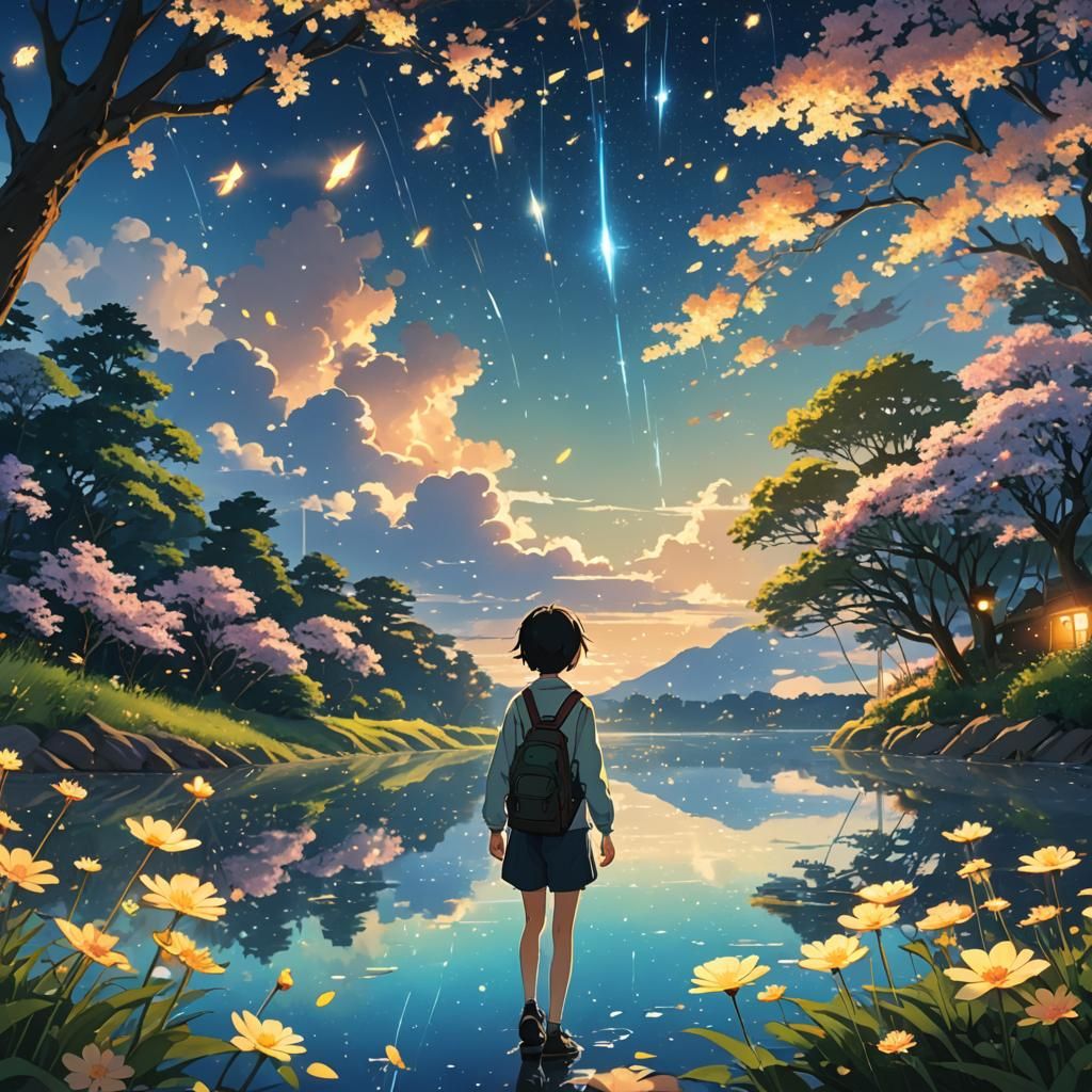 Dreamy Starry Sky with Fireflies in Ghibli Style