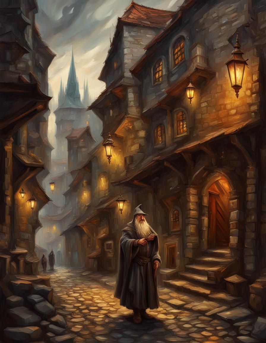 Medieval City D&D Wizard Oil Painting