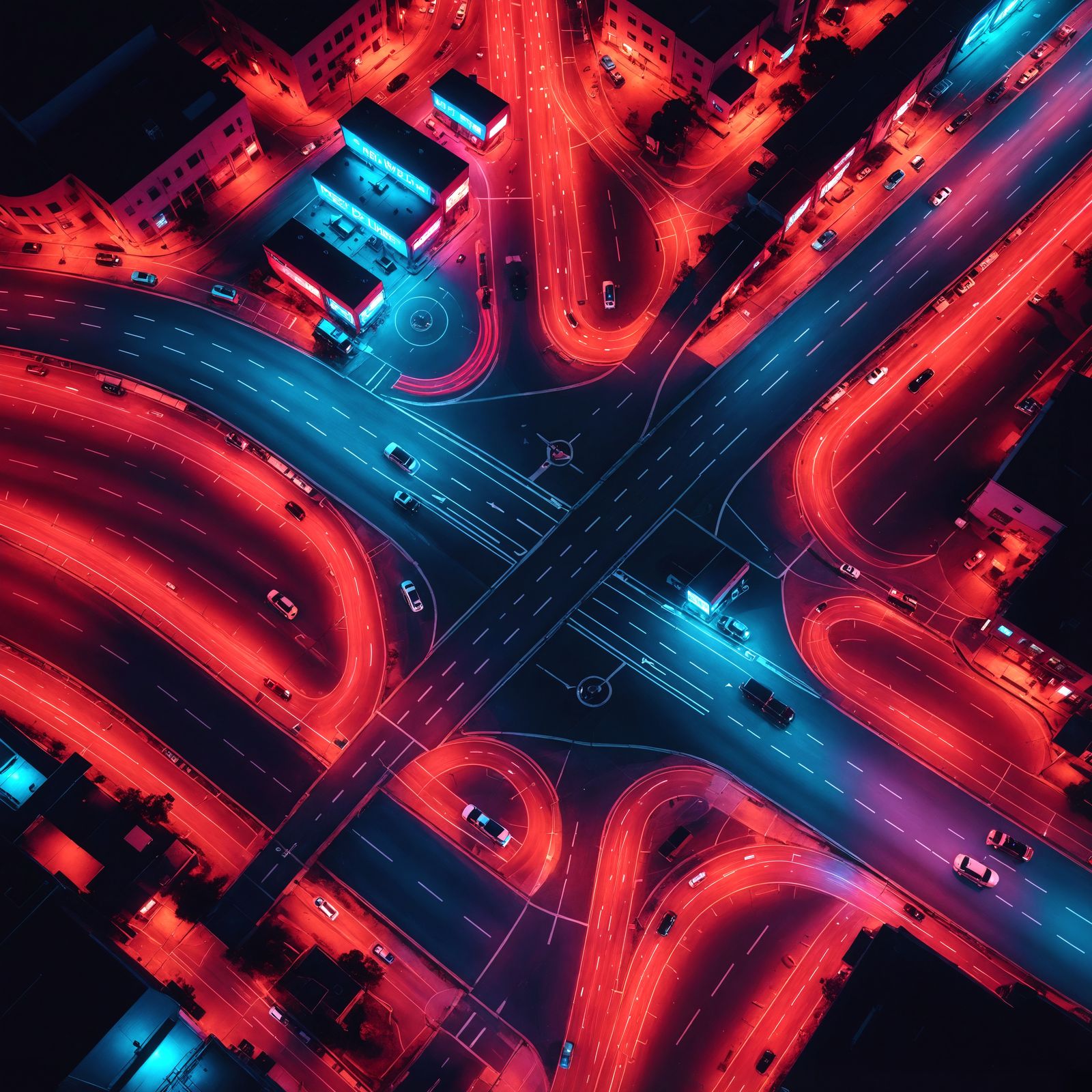 Road Junction at Night in Synthwave Neon Style
