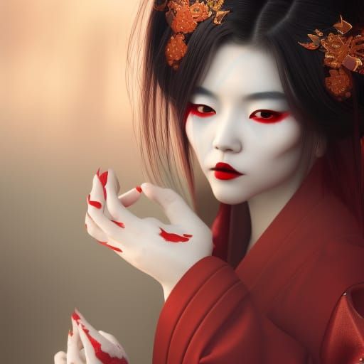 Ethereal Japanese Geisha Demon with Perfect Features