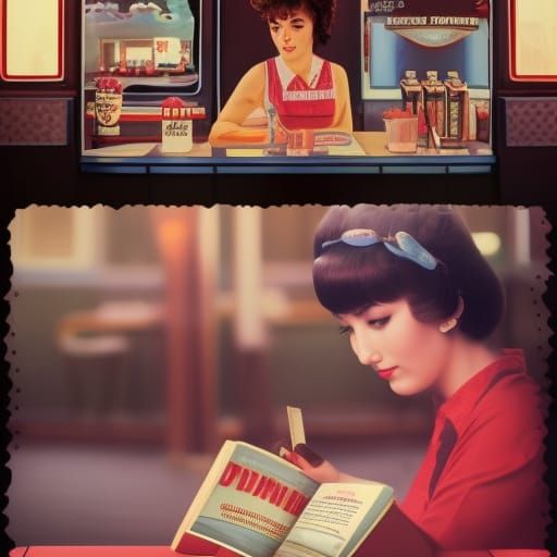 Chibi Woman Reads in 1980s Diner