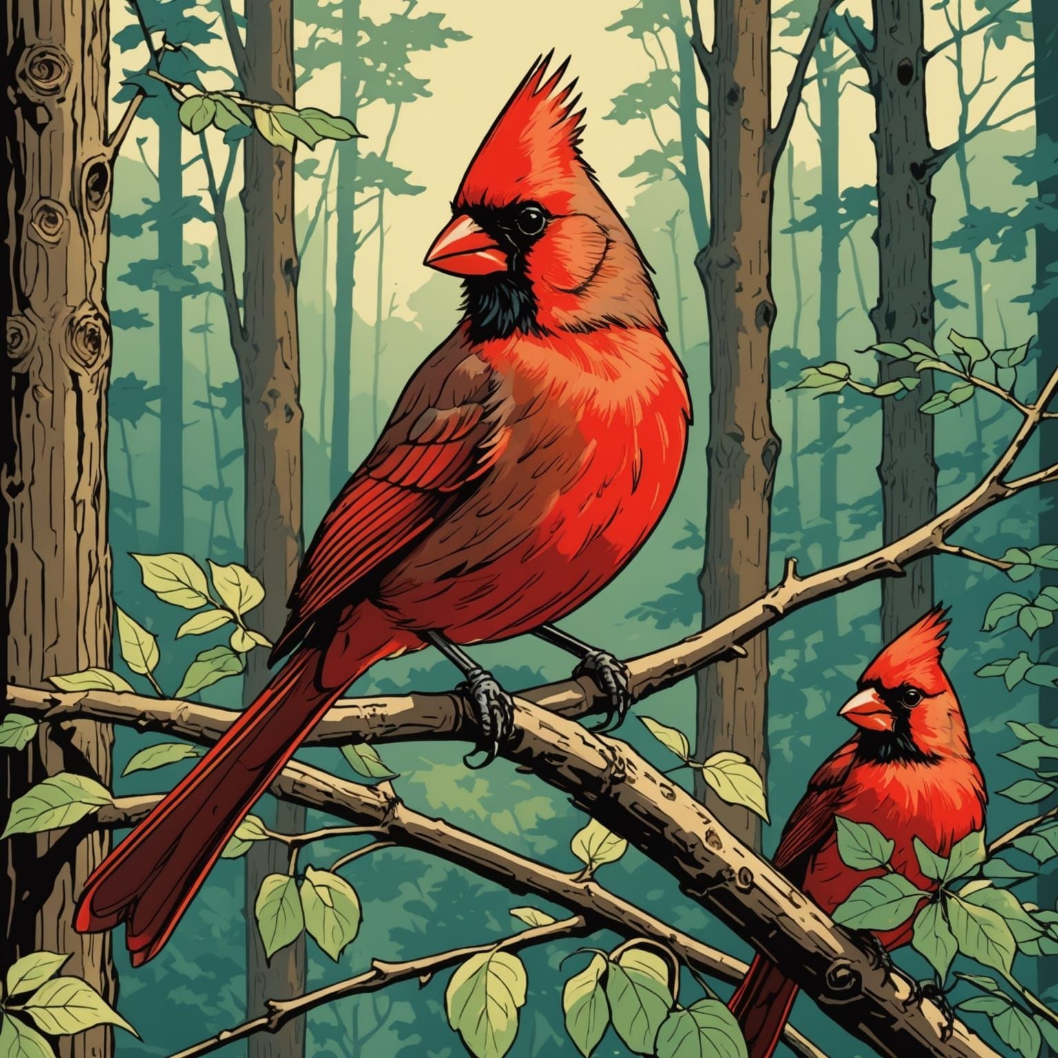 Cardinal in Enchanted Forest: Silkscreen Print