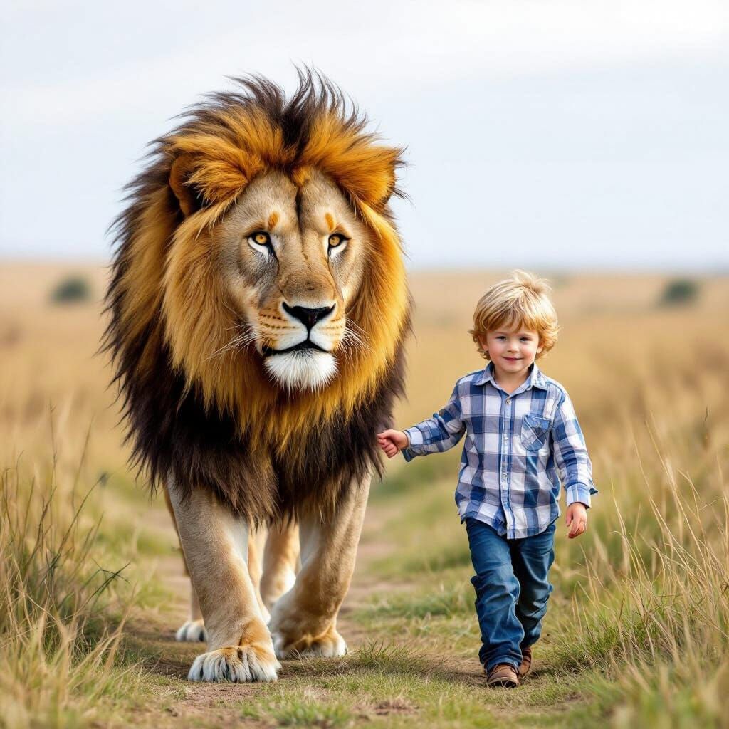 Boy and Lion Walking Together