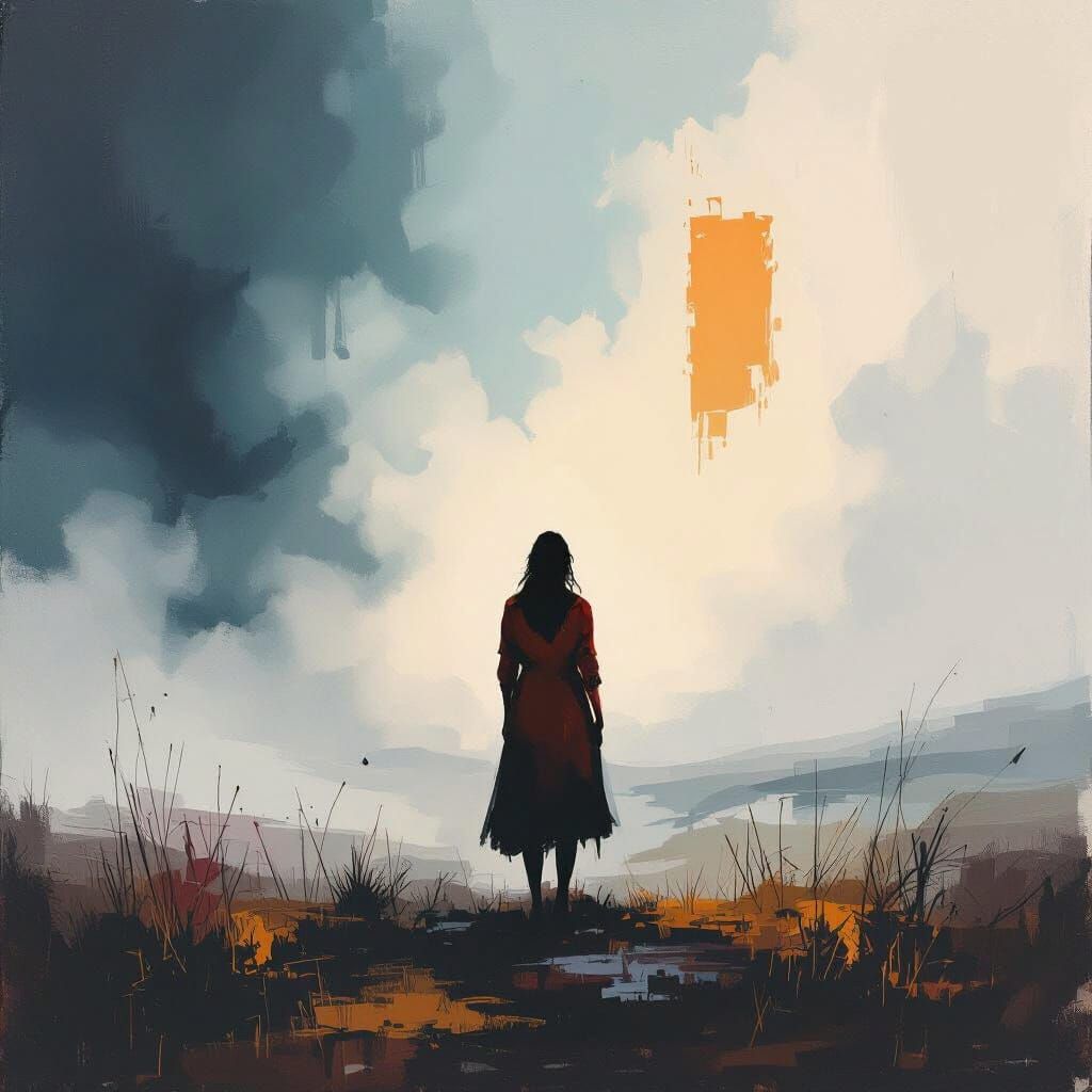 Resilient Woman in Misty Landscape Painting