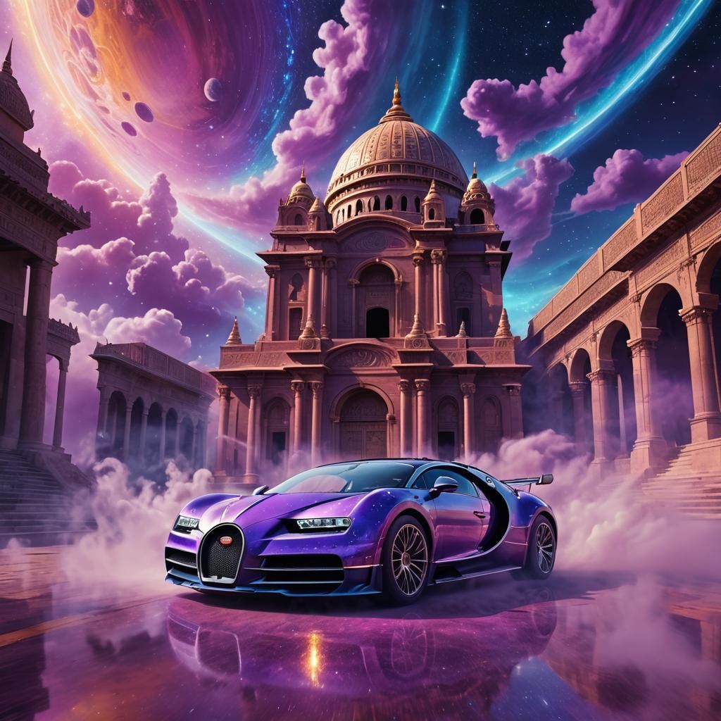 Bugatti Races Through Cosmic Temple: Surreal Illustration