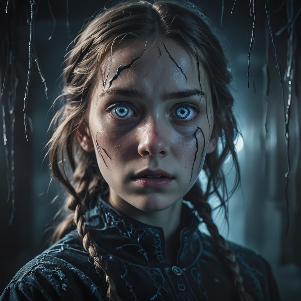 Girl Haunted by Future Self in Dark Surrealism