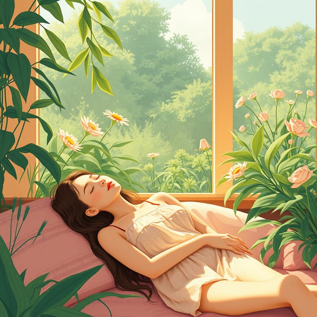 Serene Woman Relaxing in a Sunlit Garden