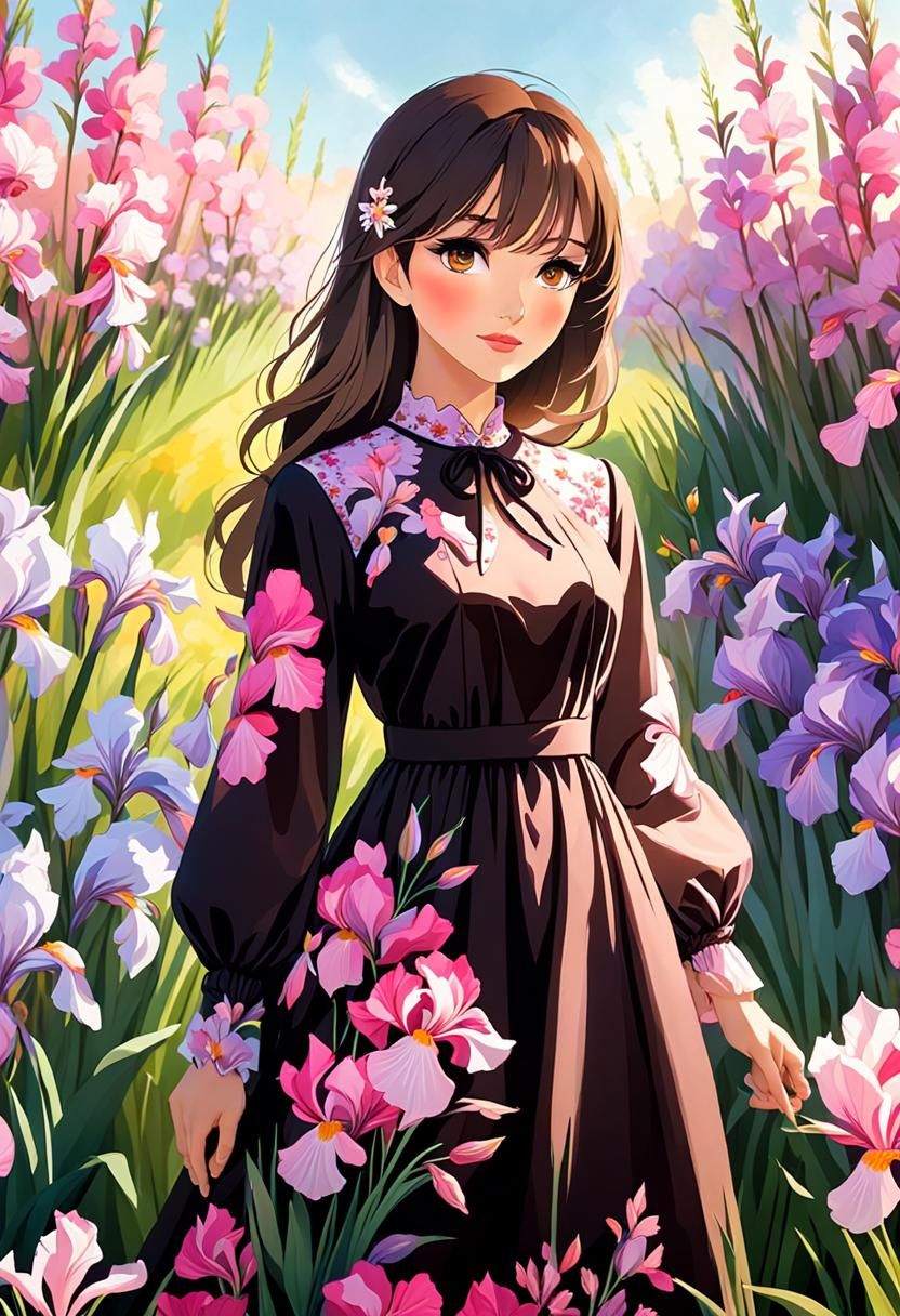 Girl in Colorful Flower Field on Sunny Day