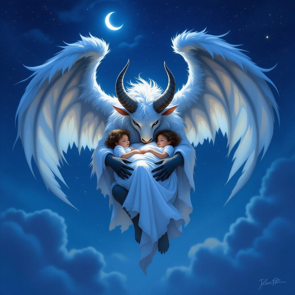 Horned Sky Beast Cradling Children in Fantasy Style