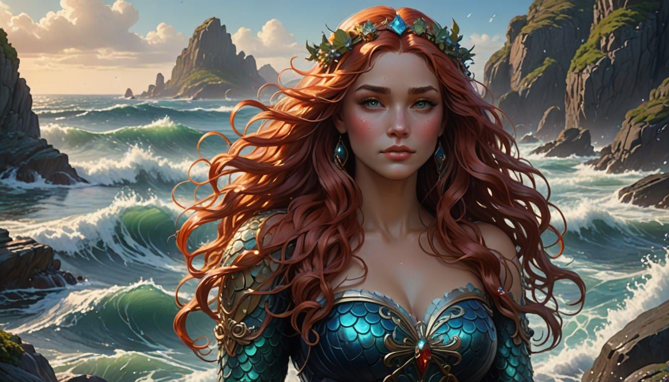 Mermaid Emerges from Azure Wave in Rugged Lagoon