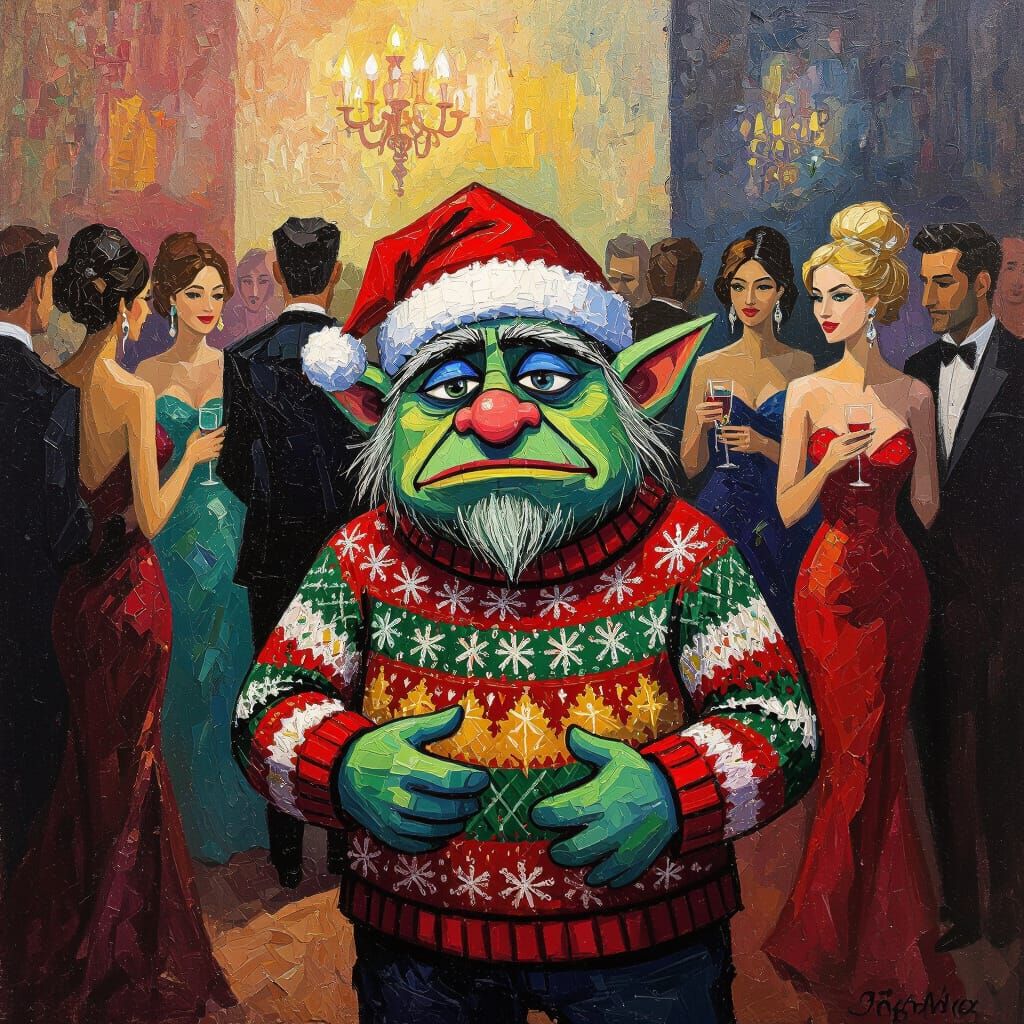 Confused Troll at Glamorous Party in Neo-Impressionist Style