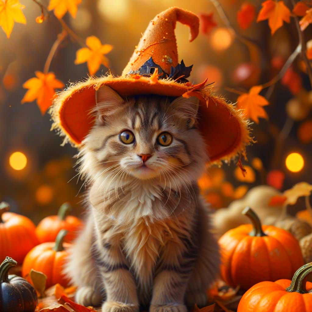 Adorable Fluffy Kitten in Witch Hat with Autumn Leaves
