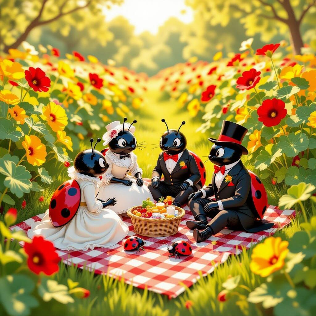 Fashionable Ladybugs Picnic in Vibrant Nasturtium Garden