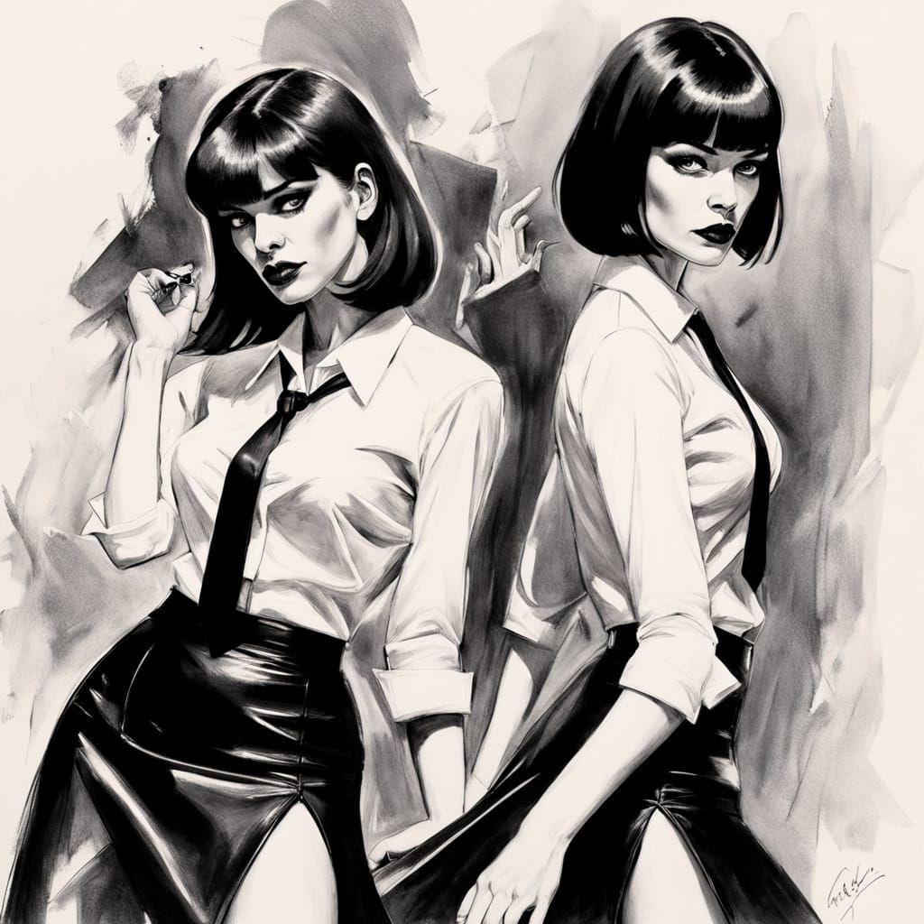 Dance Scene with Two Women in Elegant, Retro-Style Charcoal ...