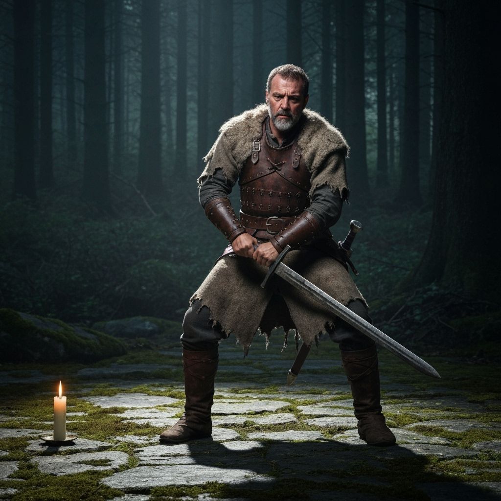 Old Warrior Sharpening Blade by Campfire in Forest