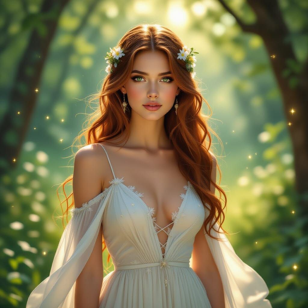 Ethereal Woman in Starlight Gown, Hyperrealistic Painting