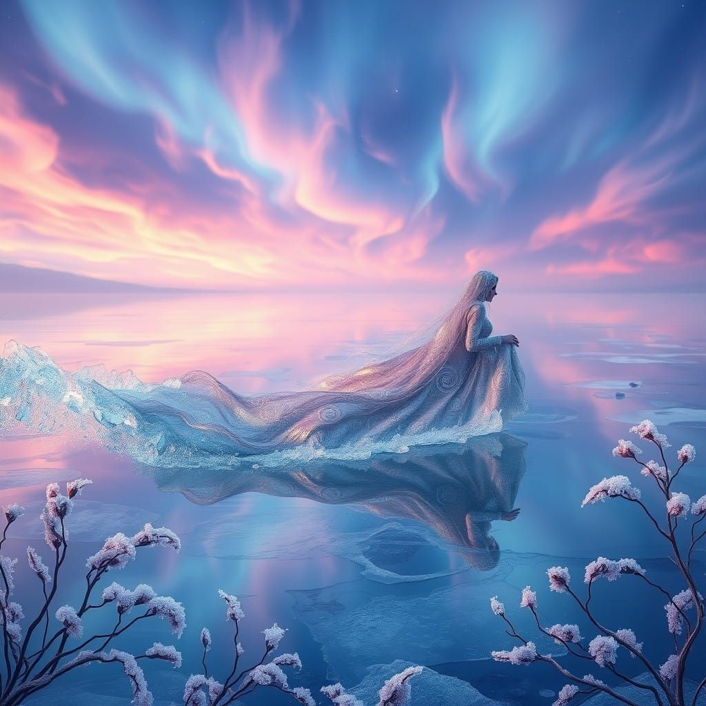 Ethereal Art Nouveau Scene: Frozen Lake with Vibrant Aurora...
