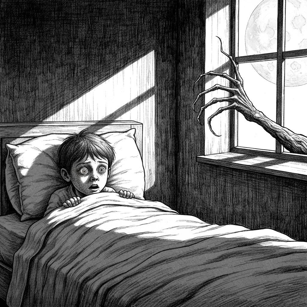 Boy Hides from Spooky Tree Outside Window