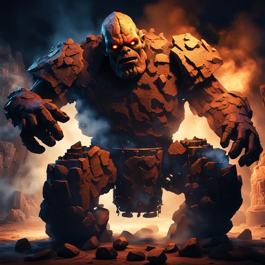 Rock Golem Drummer on Smoky Stage: Digital Art