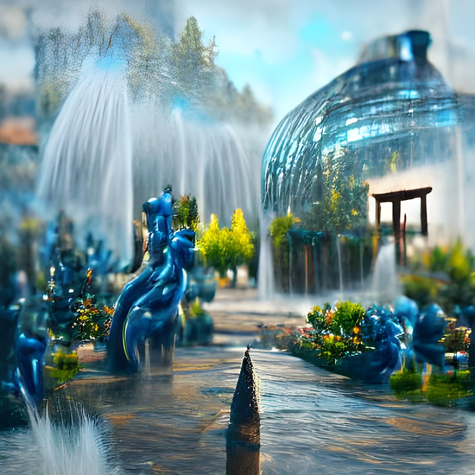 Dancing Water Fountain in Blue Garden, Watercolor Art