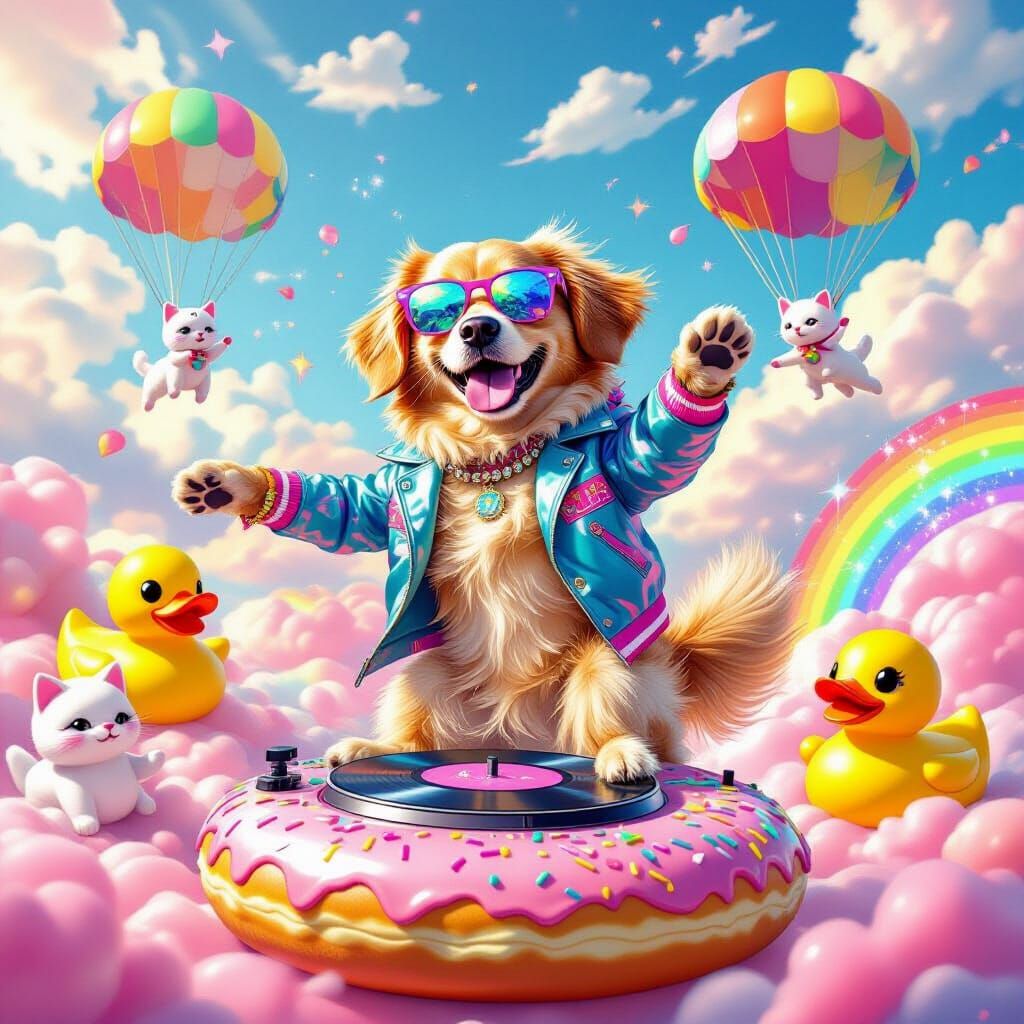 Golden Retriever DJ in a Candy-Colored Fantasy