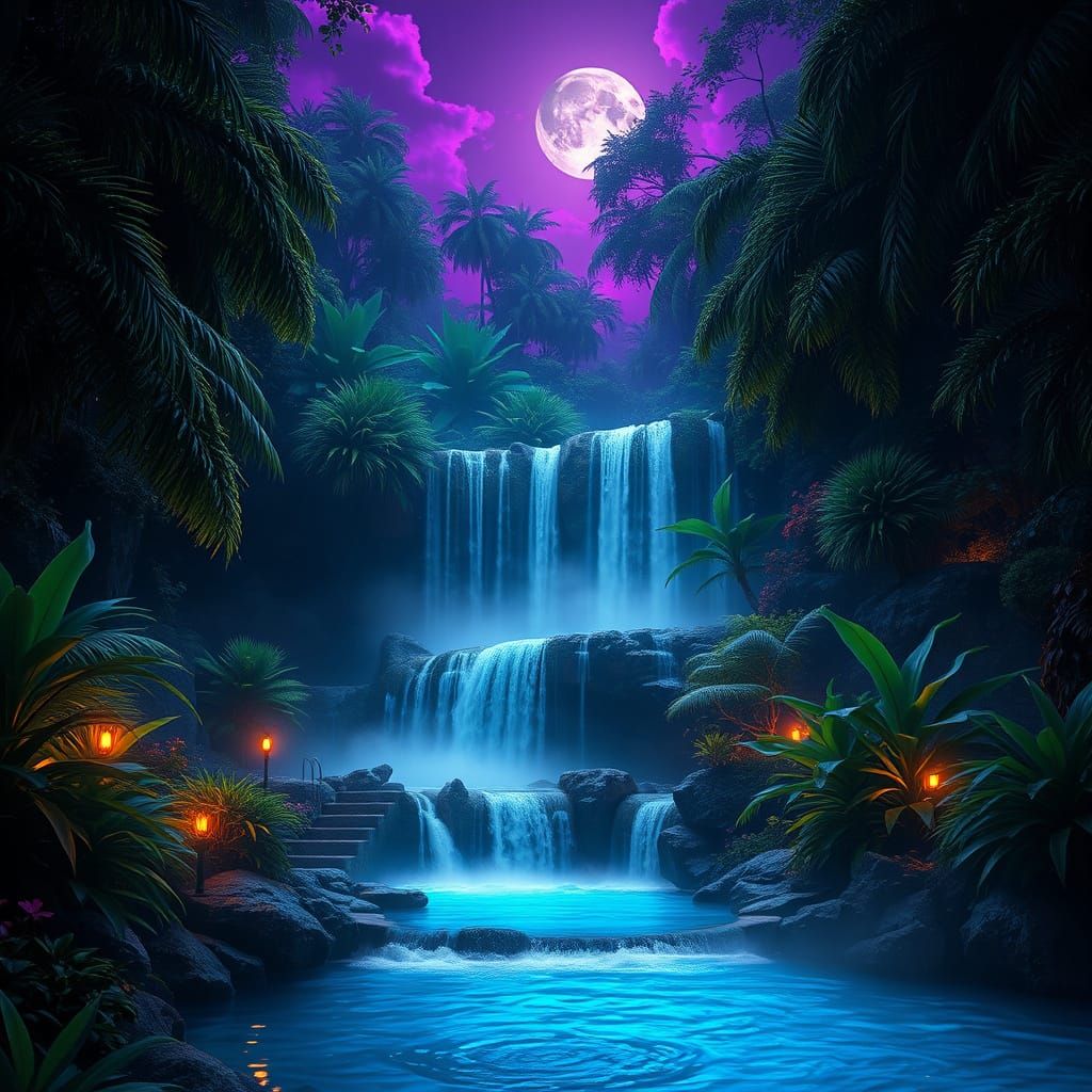 Mystical cascada in the heart of a lush, vibrant selva, under a velvety noche sky ablaze with soft, purple luz, as if th...