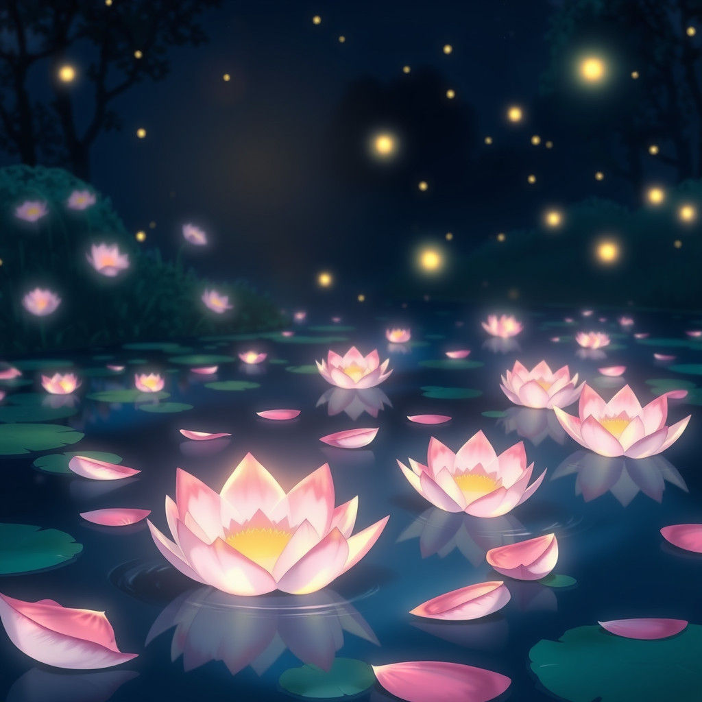 Glowing Flower Petals on Pond at Night