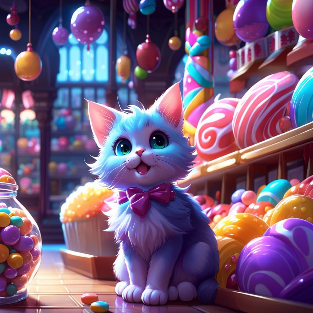 Joyful Cat in Magical Candy Store: Fantasy Art