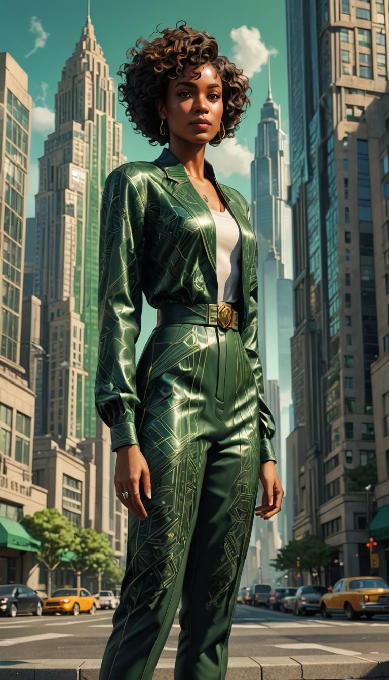 Art Deco Skyscraper with Woman, Dynamic Lighting