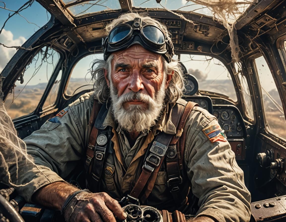 Hyperrealistic Pilot in Dusty Vintage Aeroplane