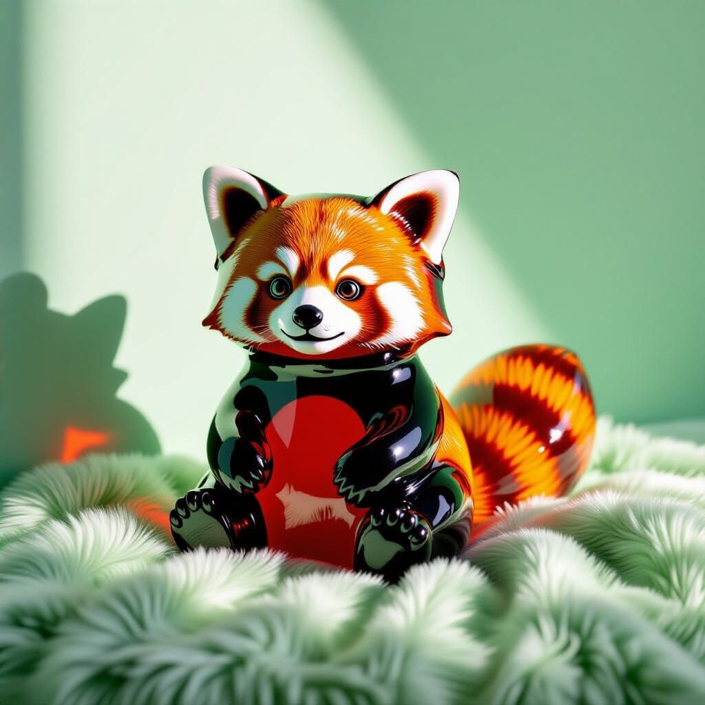Reflective Blown Glass Red Panda in Studio Light
