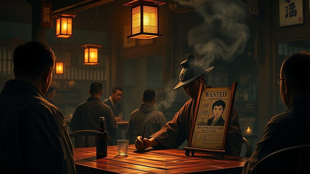 Ronin in Japanese Tavern, Woodblock Print Style