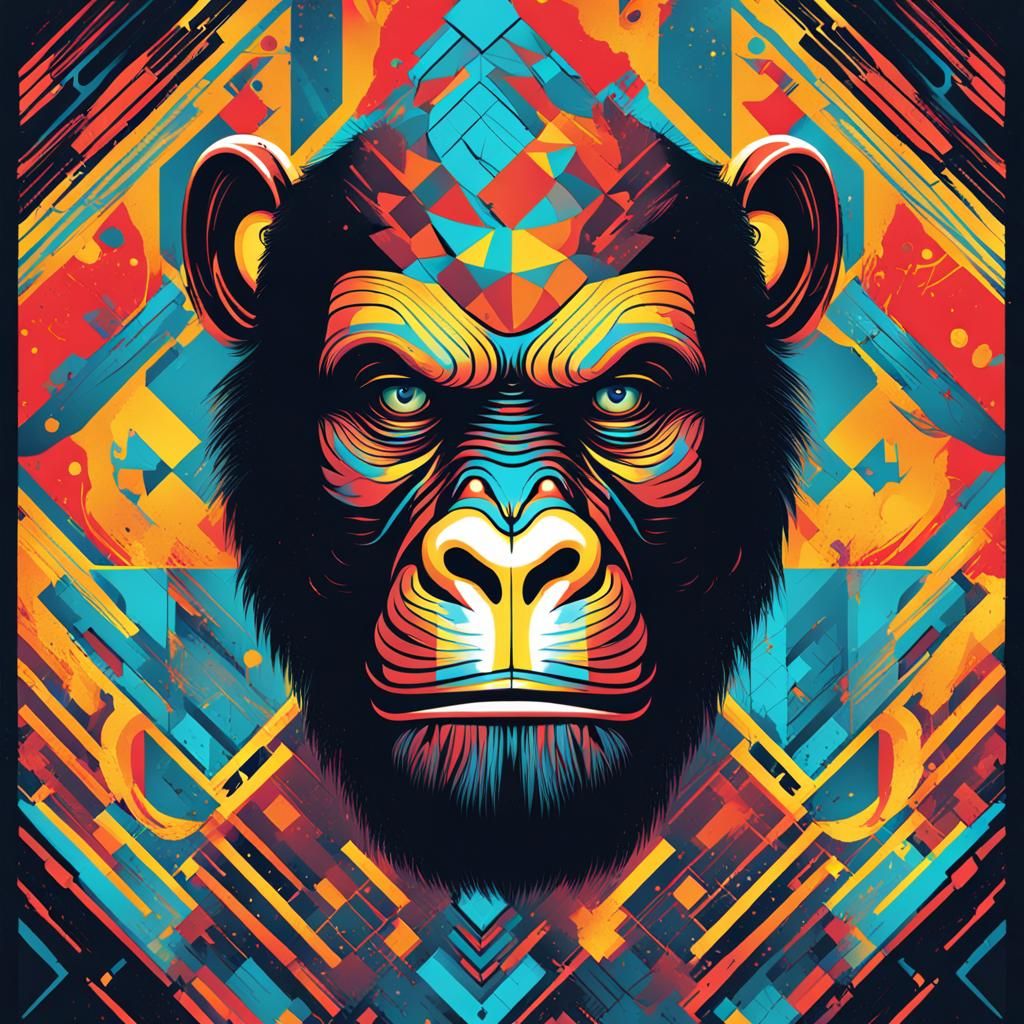 Bioluminescent Ape in Shadows: Pop Art Digital Illustration