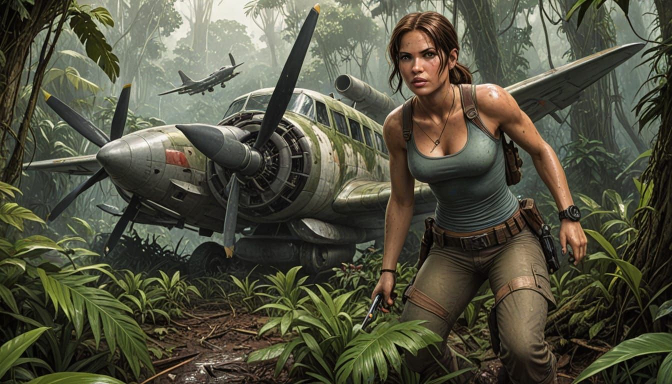 Tomb Raider Goddess Surrounded by Crashed Plane Ruins