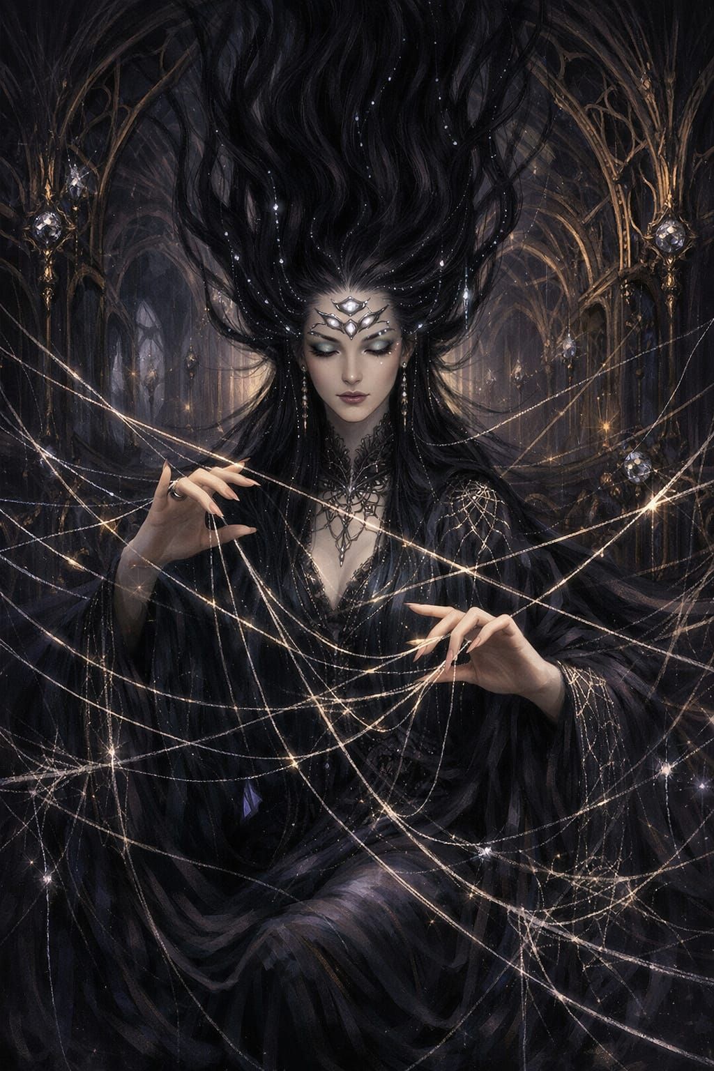 Oracle Manipulating Luminous Fate Threads in Art Nouveau Cha...