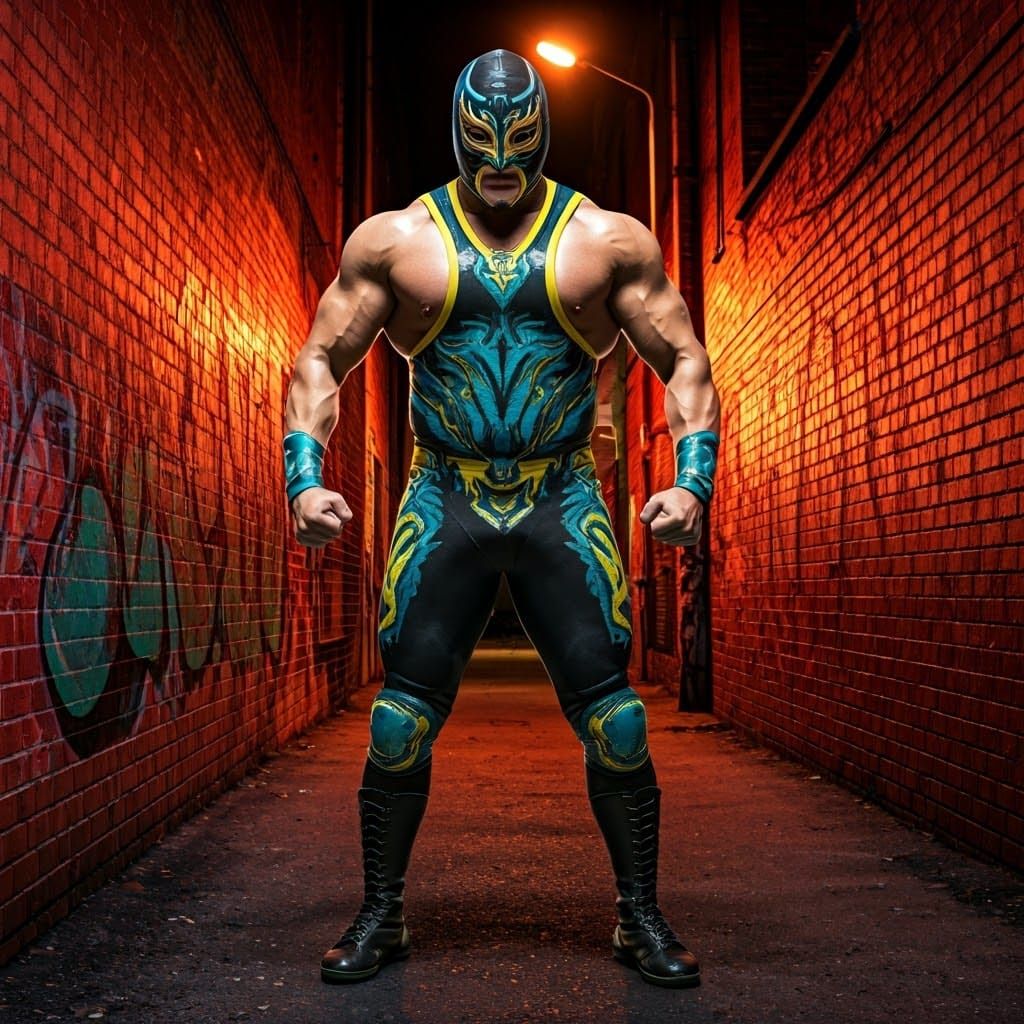 Ancient Warrior Luchador in Epic Red Brick Alleyway