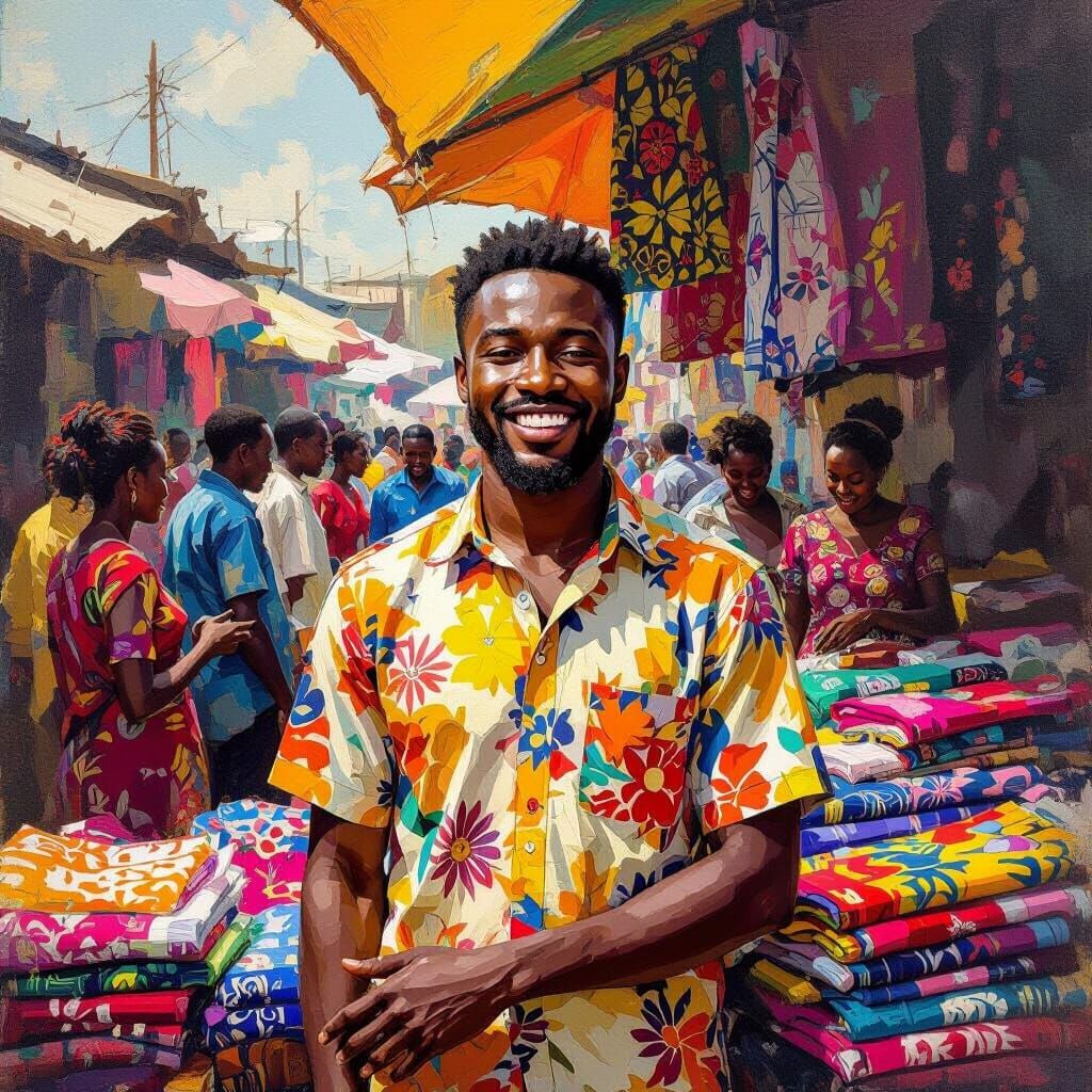 Nigerian Entrepreneur Smiling at Vibrant Onitsha Clothing St...