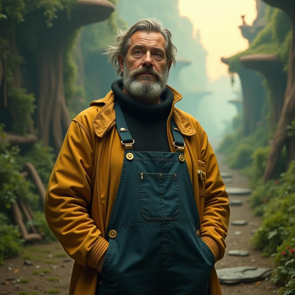 Man in Overalls in a Dreamlike Landscape