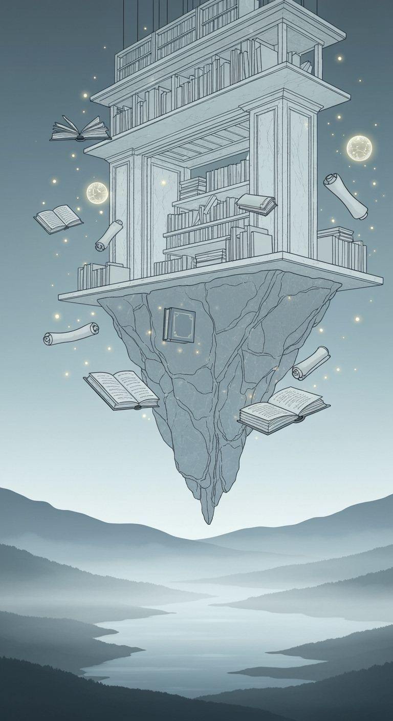 Luminous Floating Library in Misty Valley Digital Art