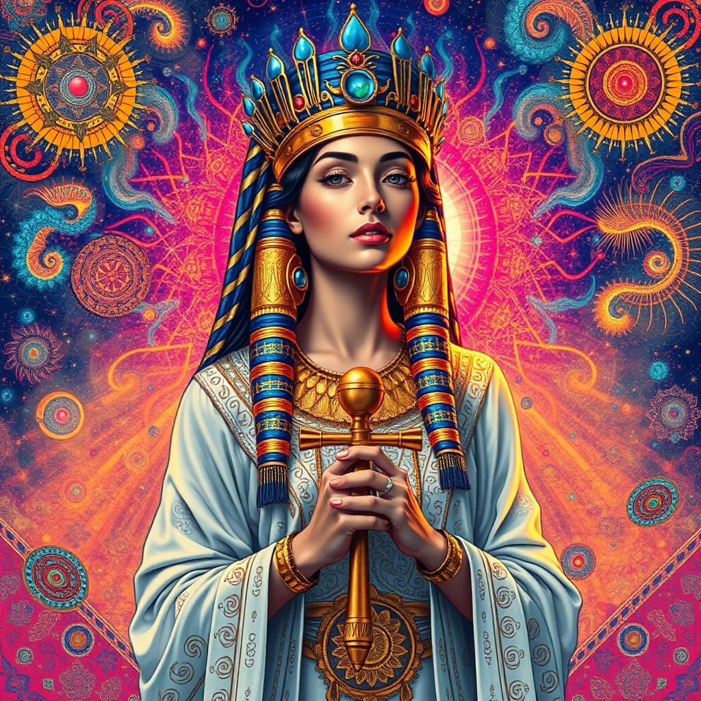 Mystical Egyptian Goddess in Psychedelic Cosmic Landscape