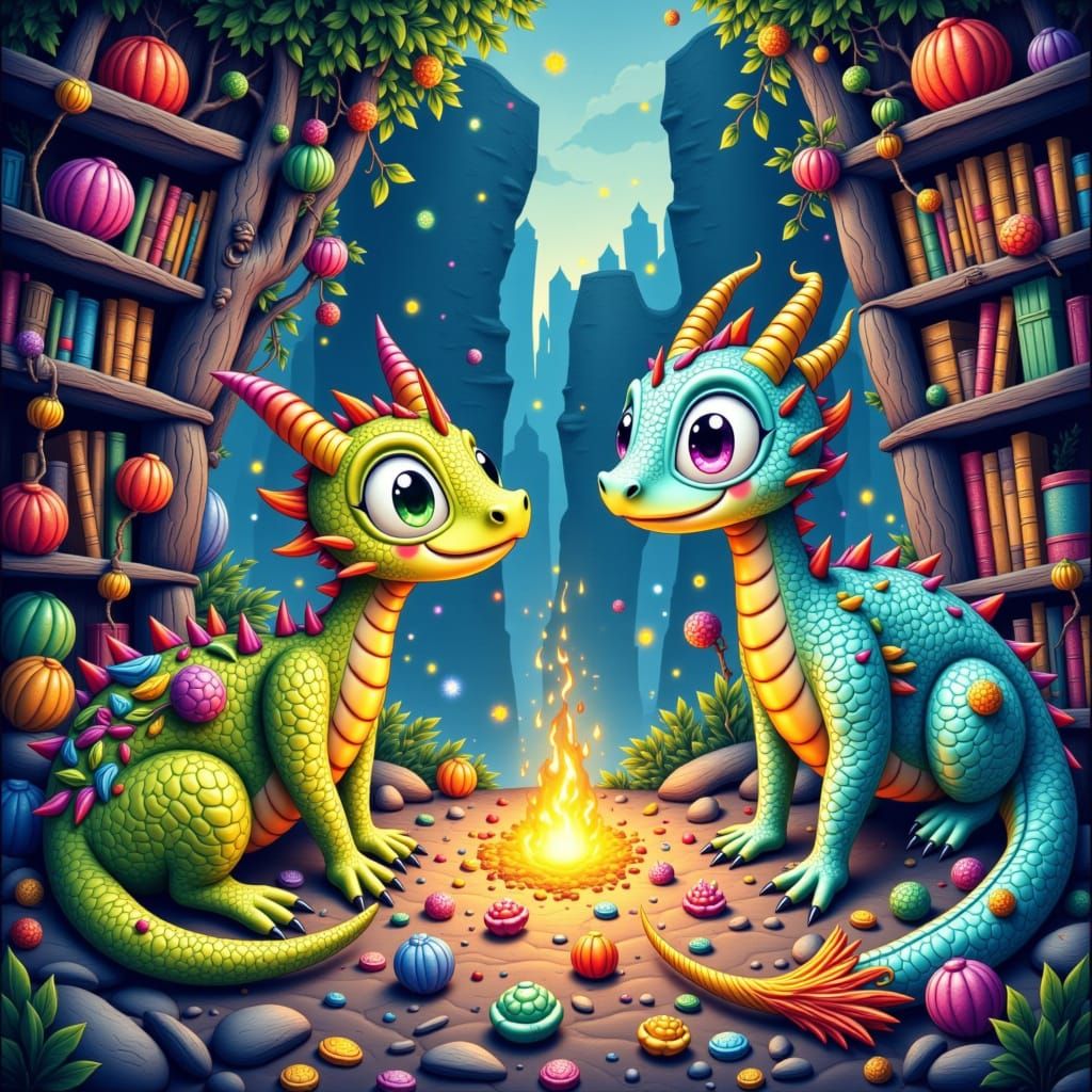 Whimsical Dragons Discover Treasure in a Vibrant Bookshelf W...