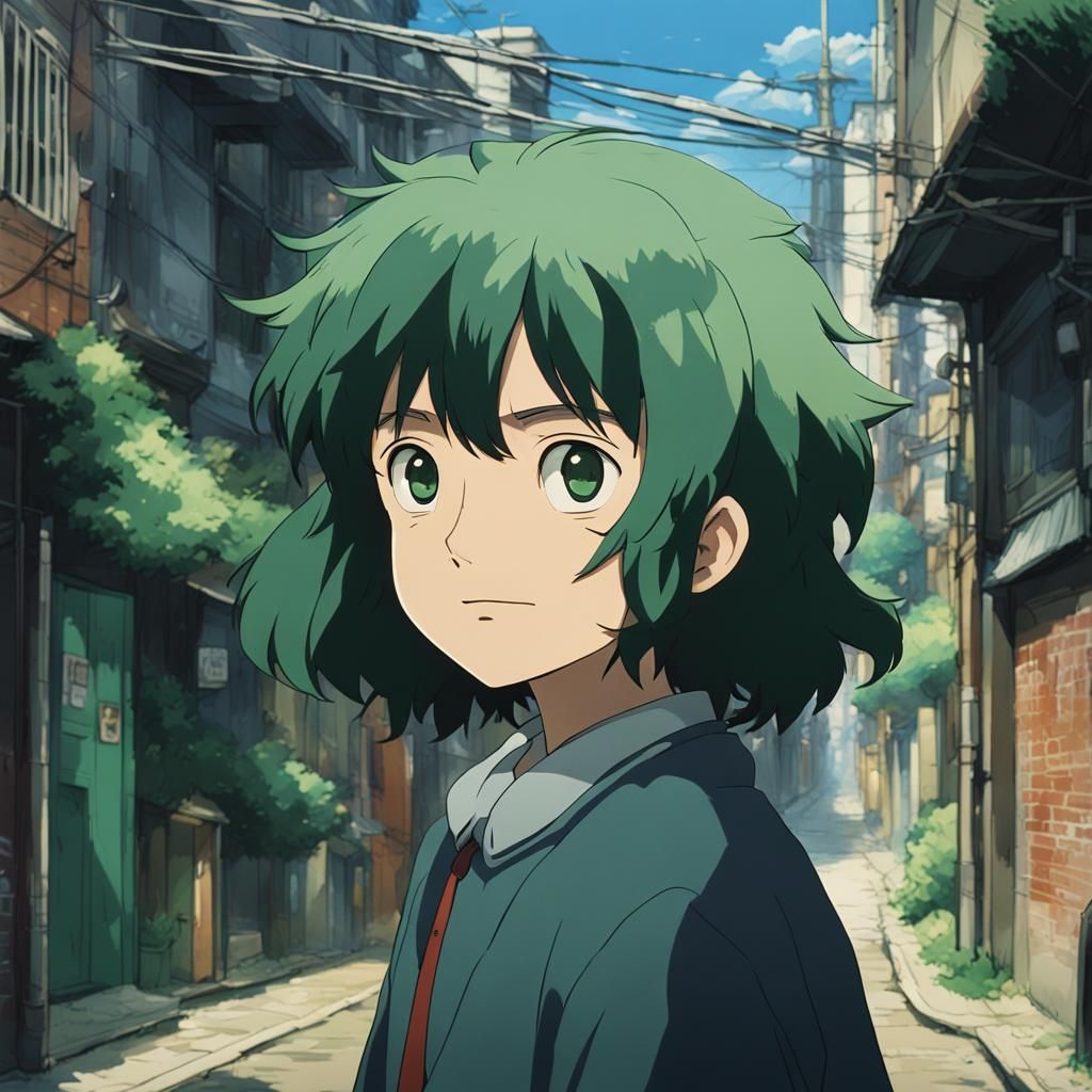 Anime Girl in Alleyway, Ghibli-Style Visual